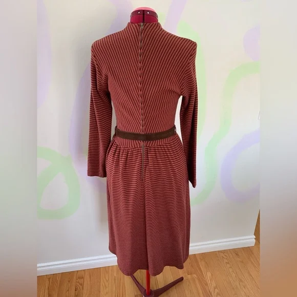 Vintage Stripped Long Sleeve Maxi Dress with Original Suede Belt - Picture 2 of 6
